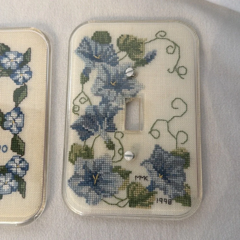 Vtg Finished Cross Stitch Single Toggle Light Switch Cover Floral Completed 1990